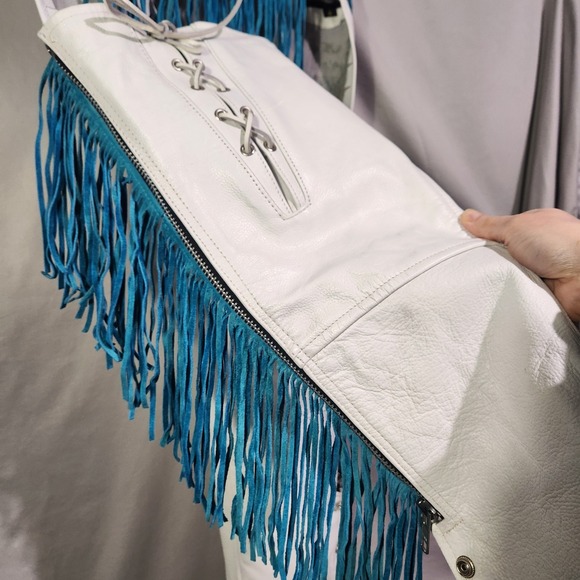 Leather King Western Biker Chaps White w Turquoise Fringe Small Side Zip NEW - Picture 6 of 9
